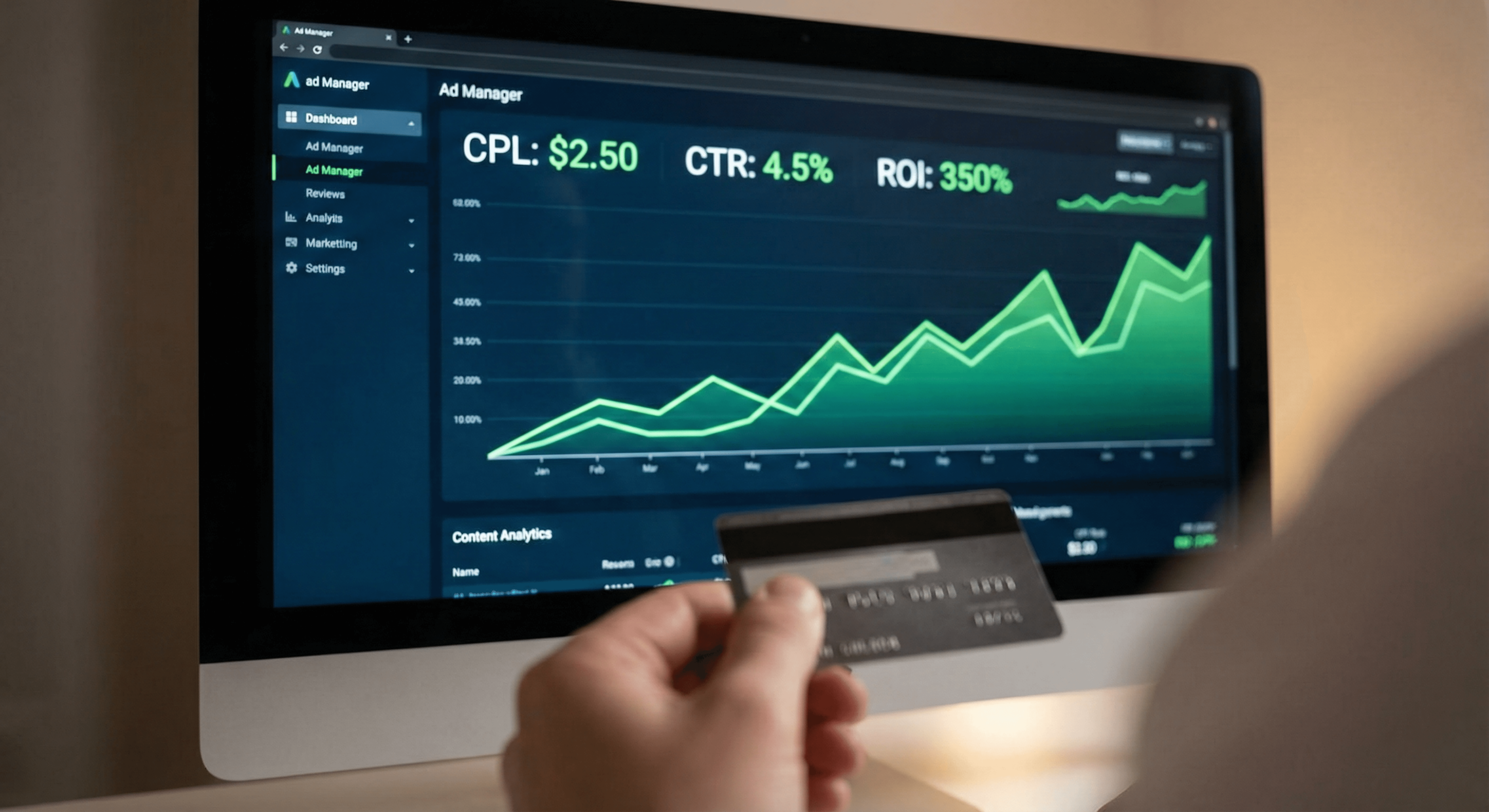A computer screen showing positive lead arbitrage metrics and a rising trend line on an ad manager dashboard.