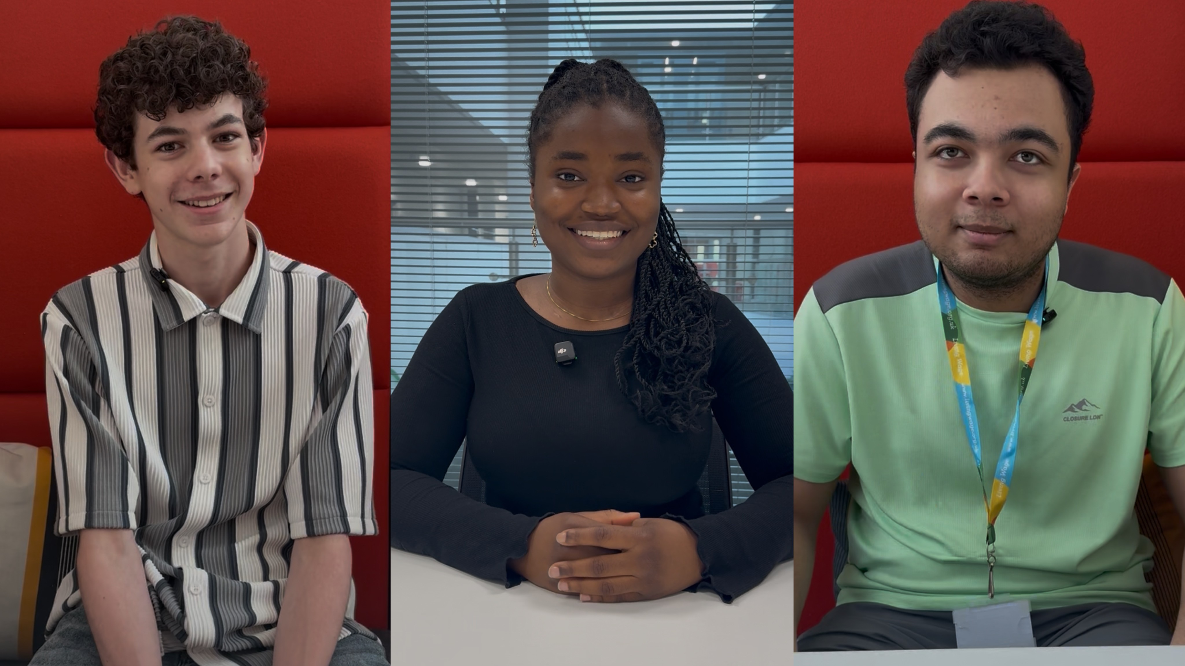 Graphic with three vertical photos of work experience students smiling at the camera.