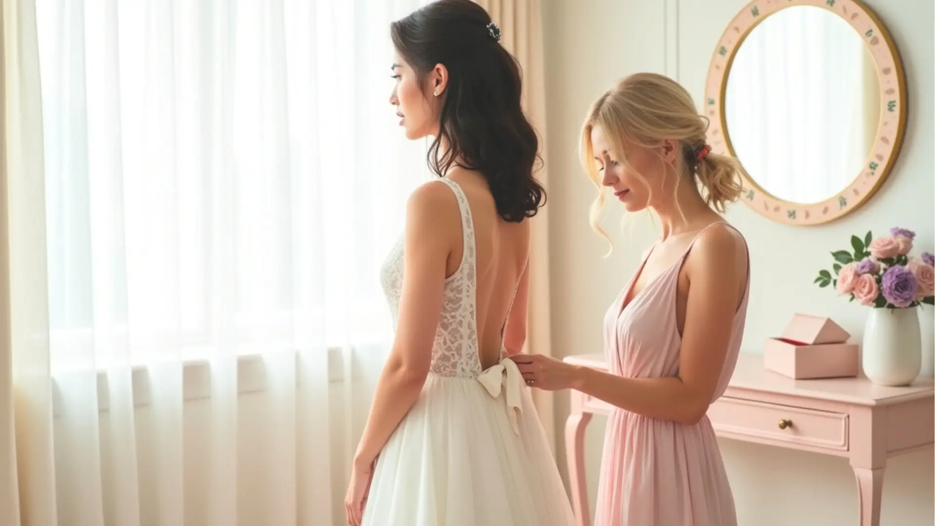 Bridesmaid helping bride tie the back of her wedding dress in a softly lit room with flowers and a mirror in the background.
