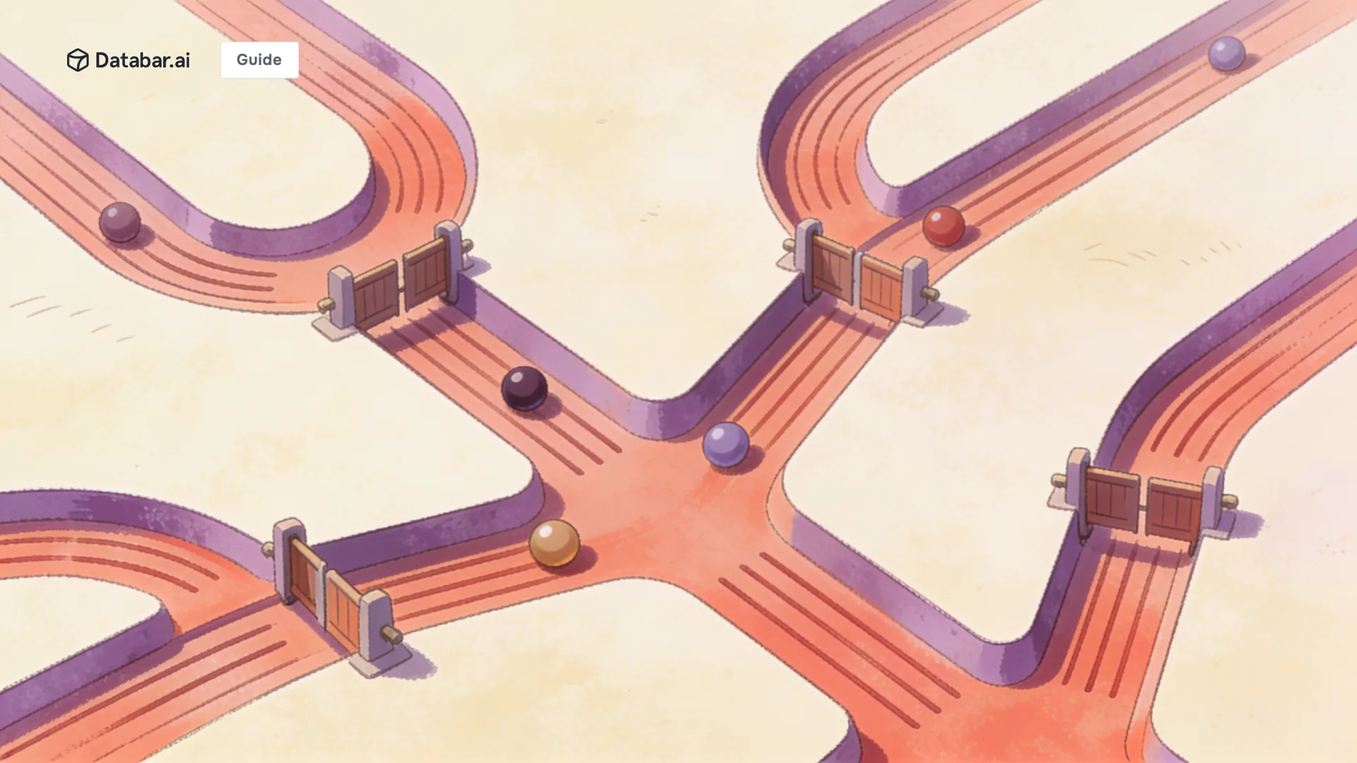 Illustration of branching grooved channels with gates at each fork routing marbles down different paths — n8n Use Cases for Outbound: Automating Your Sales Prospecting Workflows