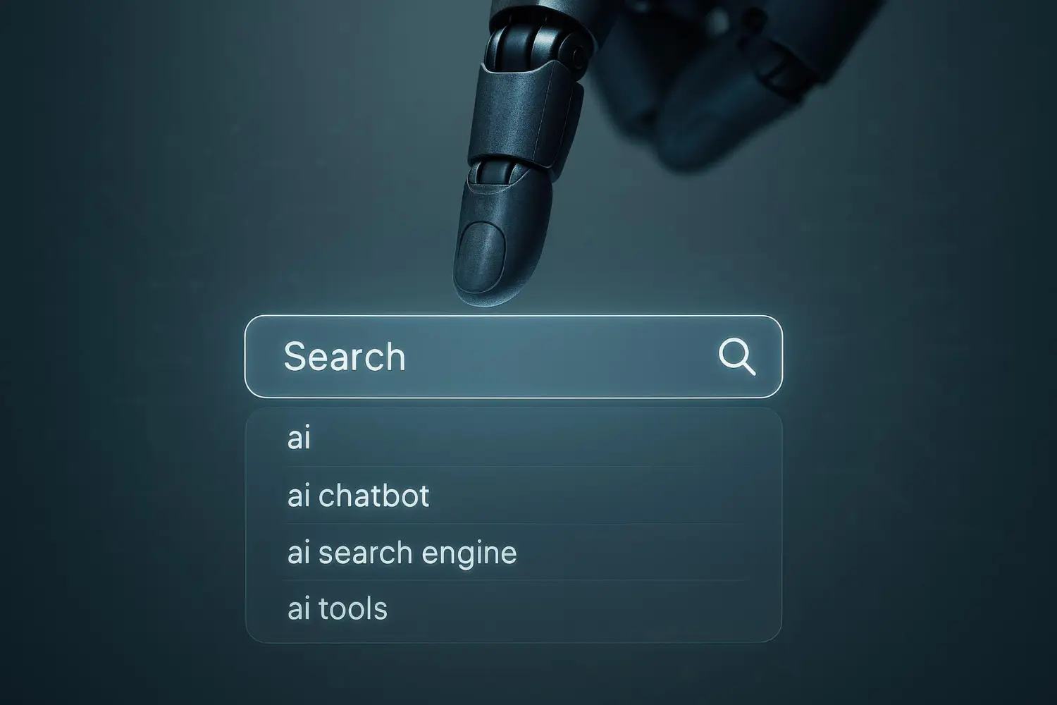 Robot finger pointing at digital search bar with AI related search suggestions