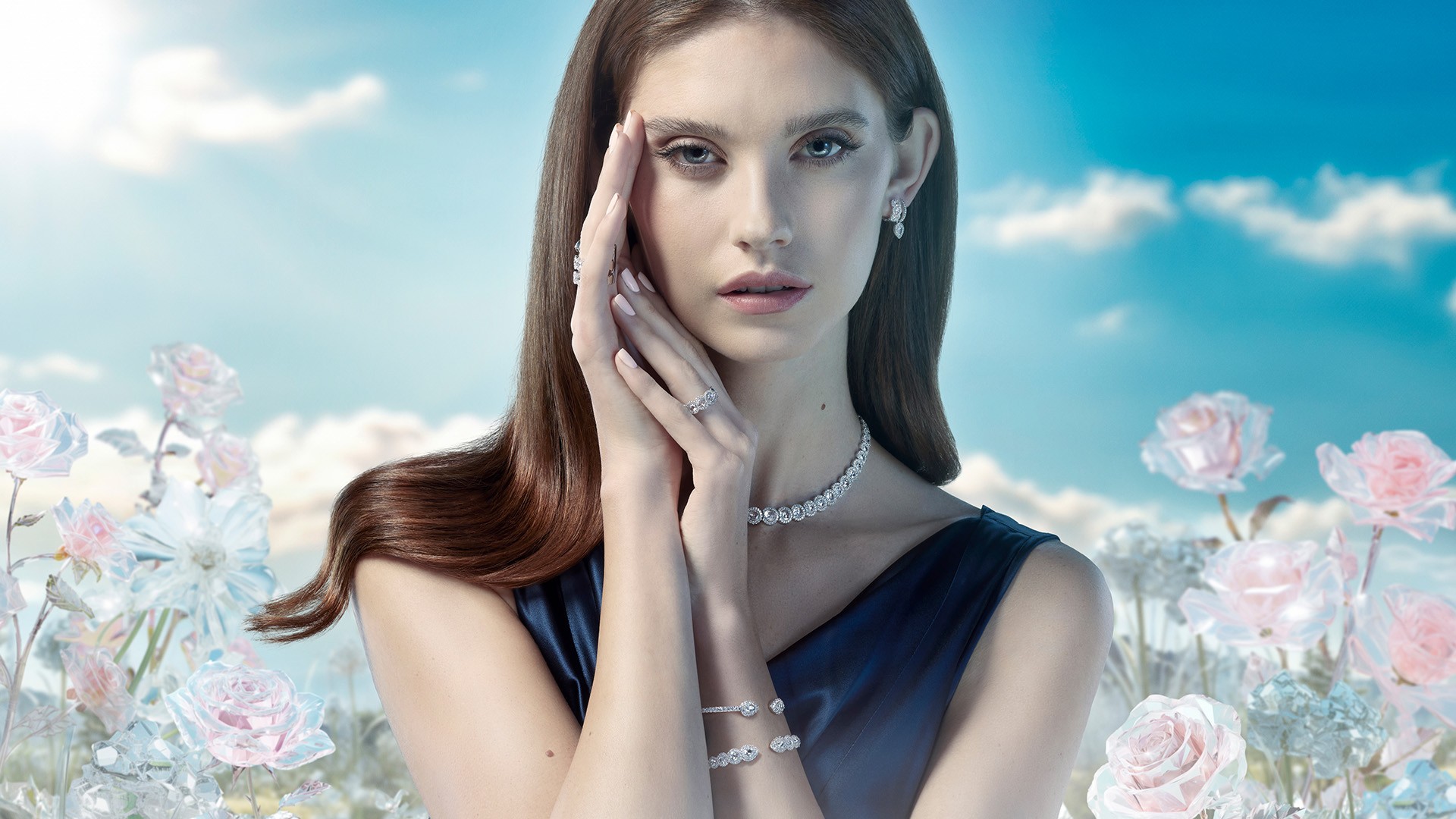 A model wearing David Morris jewlery infront of a AI generated fantasy background