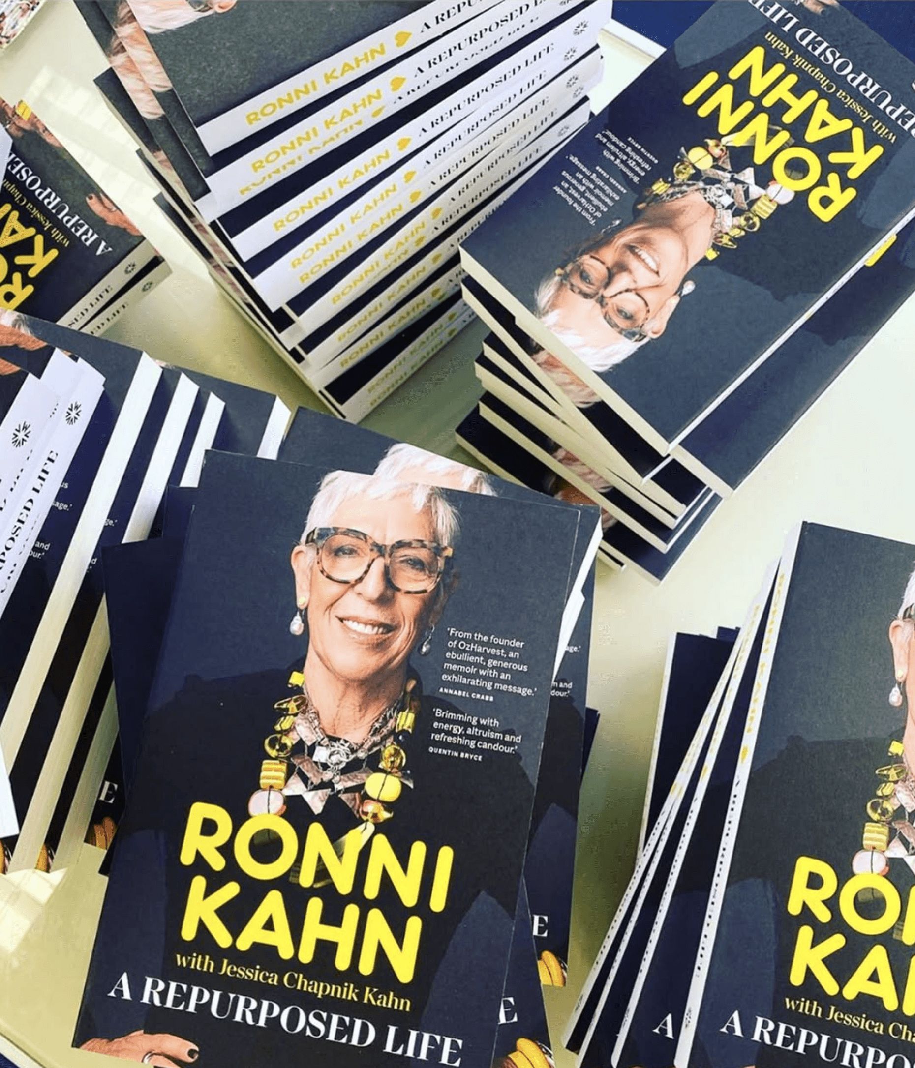 Stacked copies of A Repurposed Life, autobiography of Ronni Kahn