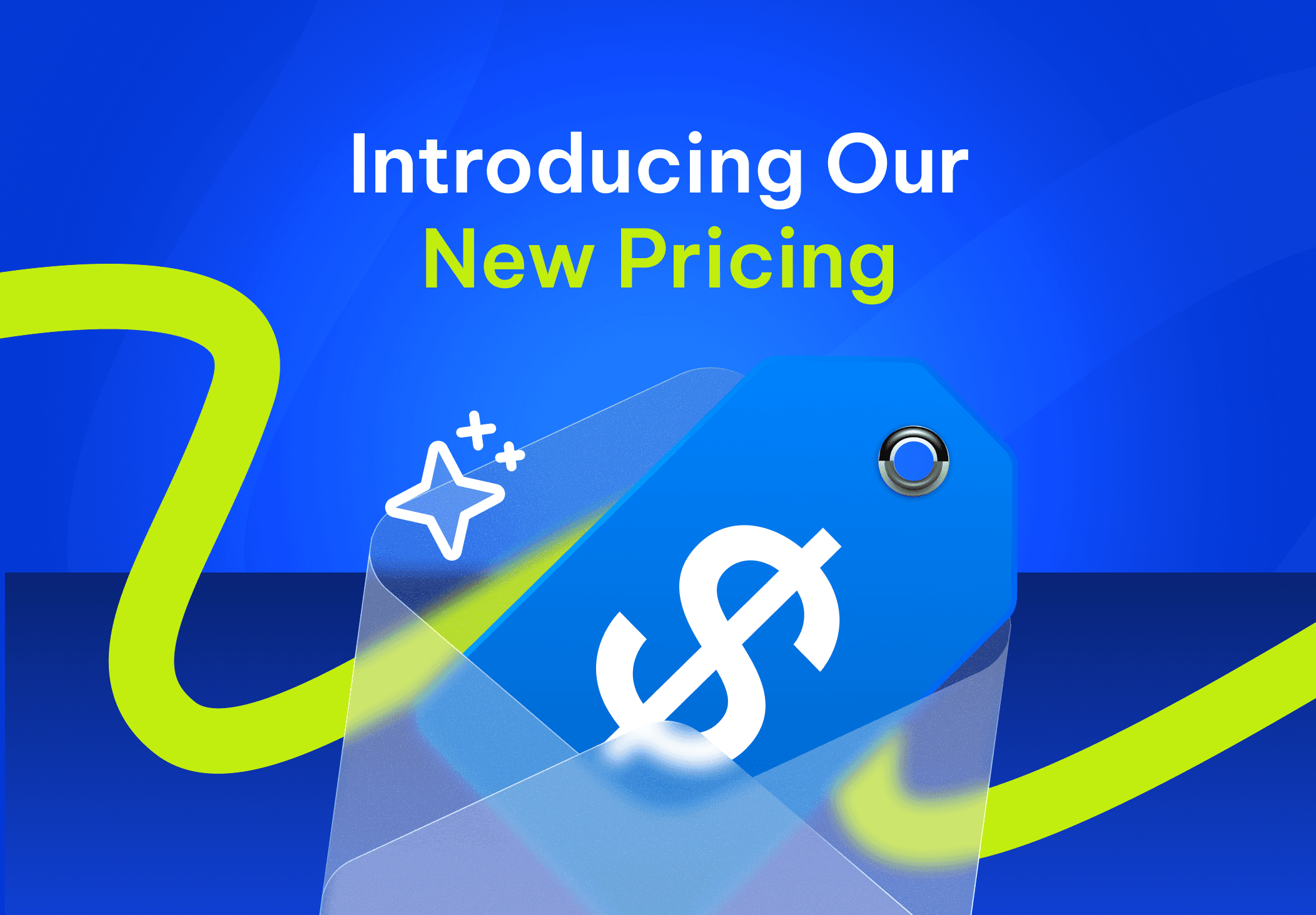 Graphic announcing new pricing, with a large price tag emerging from an envelope on a blue background.