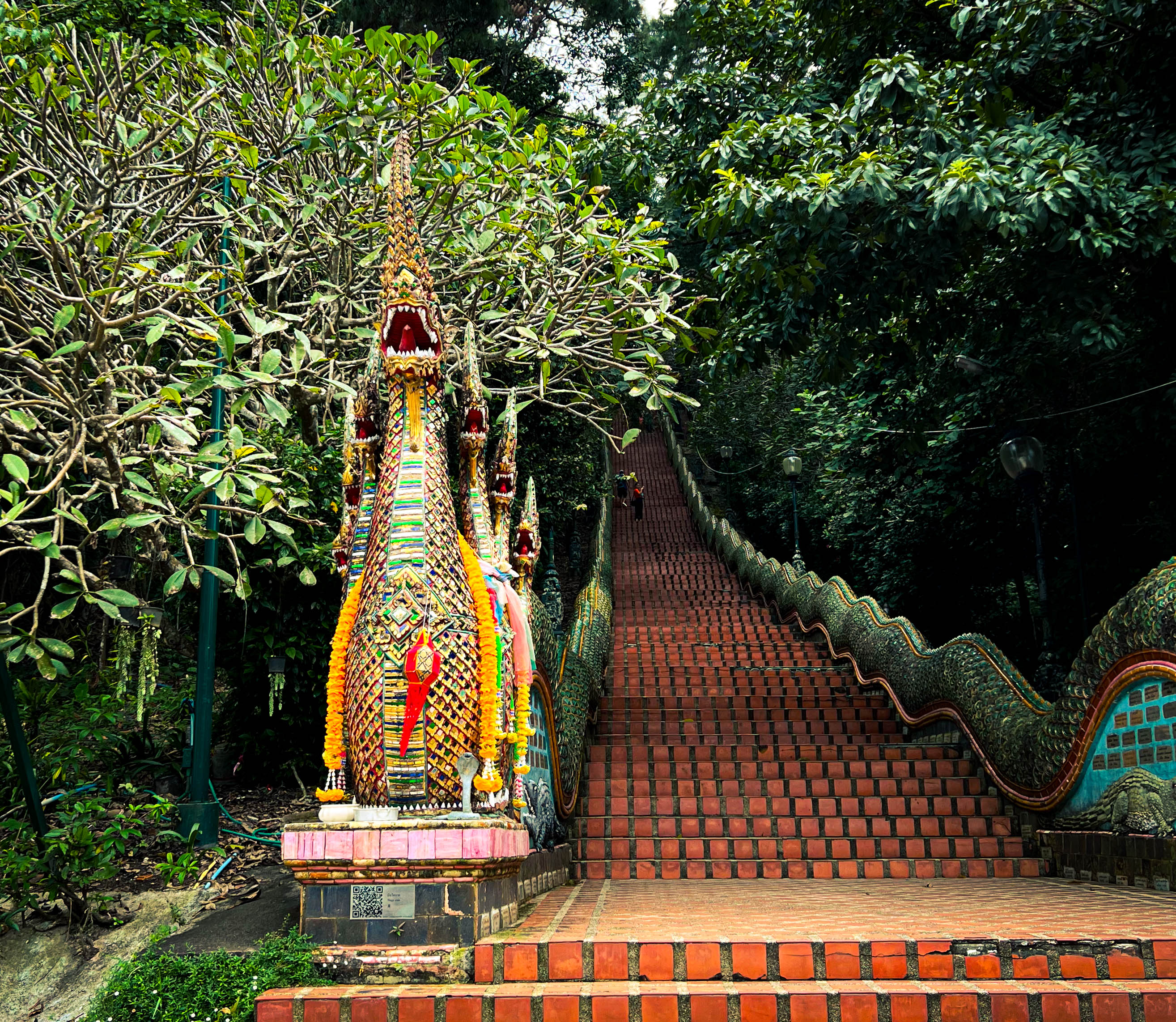 the steps into doi sutep lined with serpents on either side.
