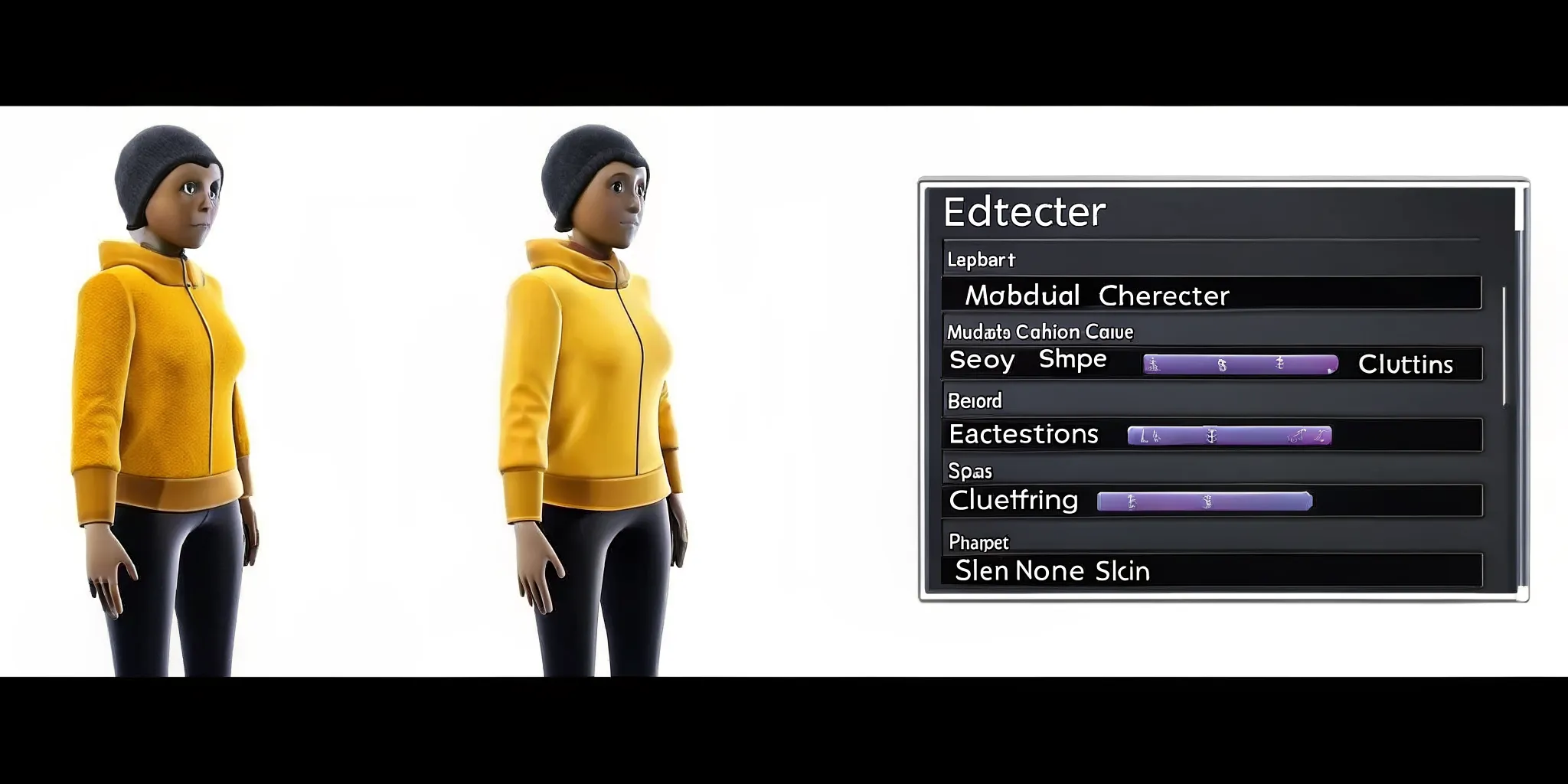 Unity editor interface displaying a modular 3D character customization panel with body shape sliders, clothing options, and skin tone selectors