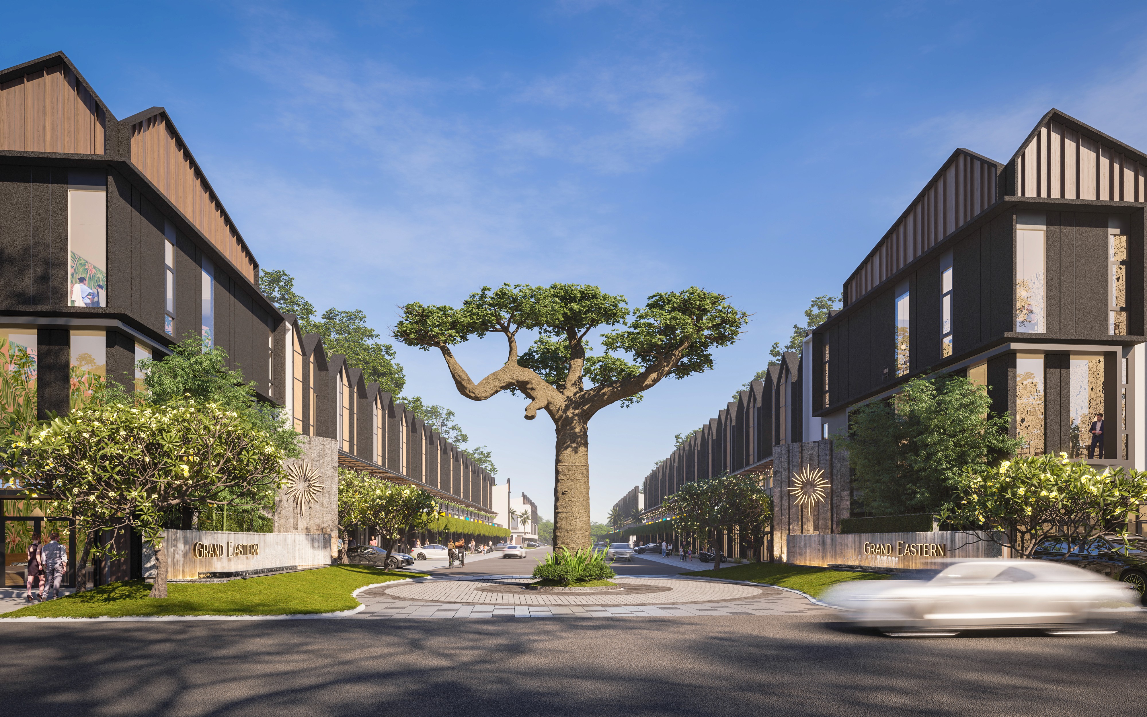 Two figures walk towards a large cathedral in fog.