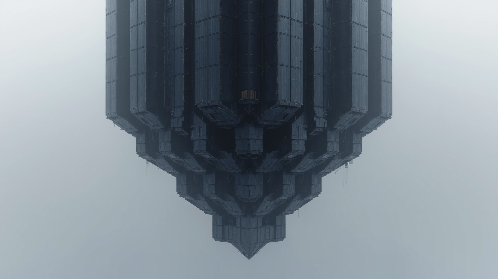 A monumental impossible architectural monolith floating in mid-air, formed by interlocking geometric