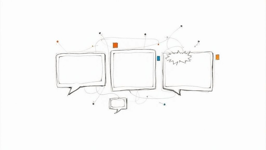Hand-drawn sketch of interconnected speech bubbles representing communication and feedback exchange