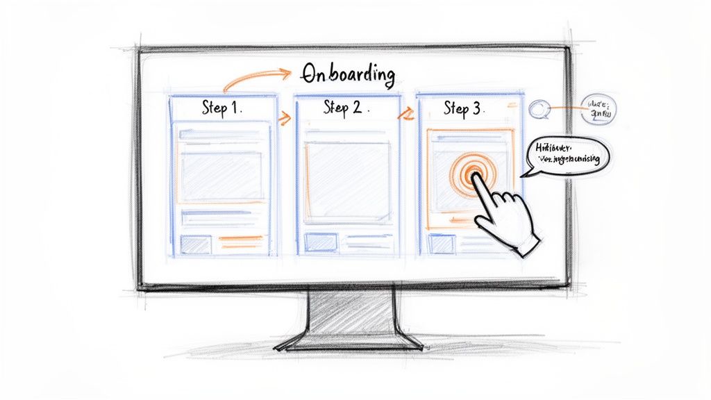 A hand-drawn sketch of a computer screen illustrating a three-step onboarding process with UI elements. A hand clicks on Step 3.