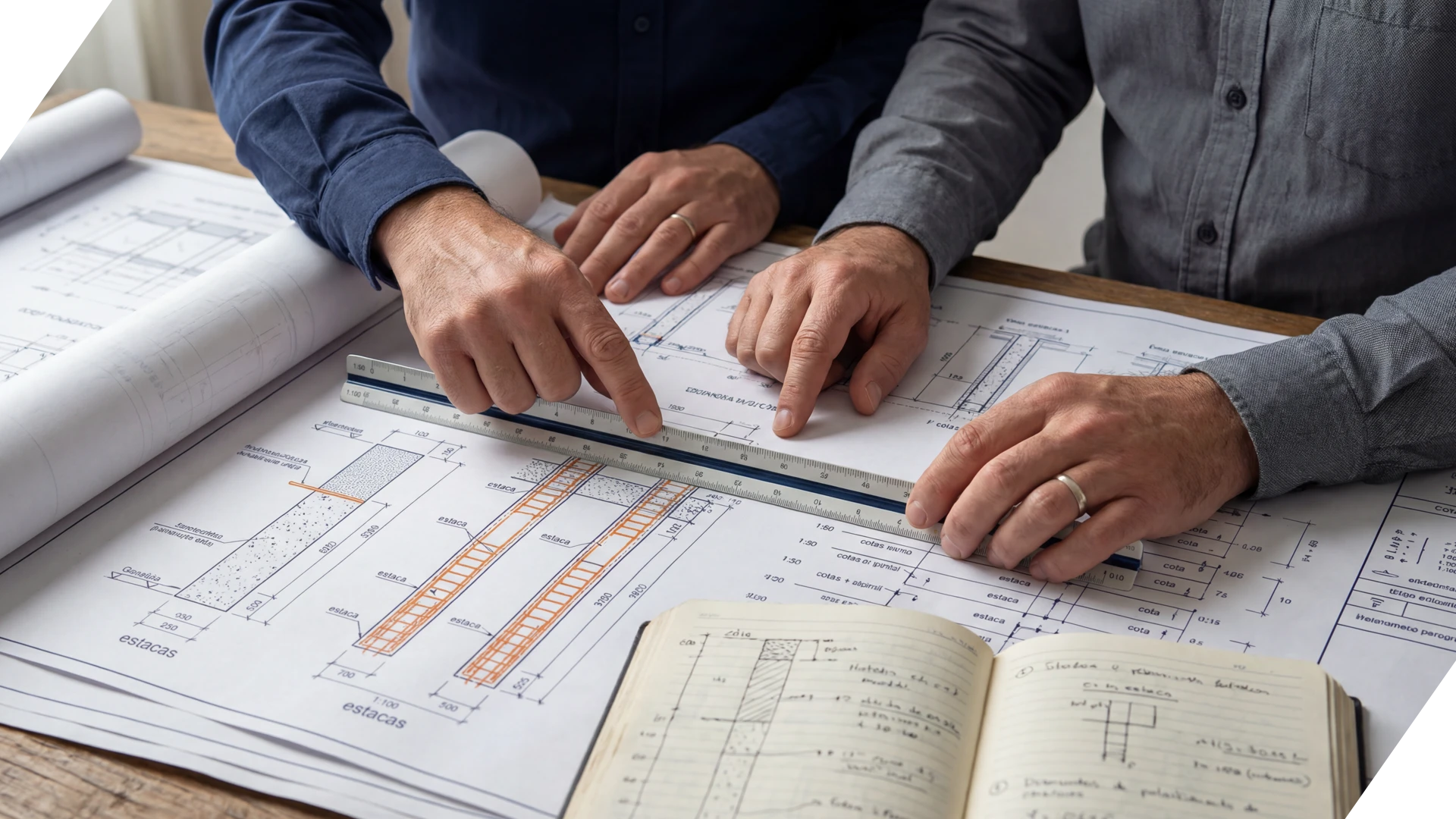 Análise técnica de projeto de fundações, com engenheiros revisando plantas estruturais e cálculos em ambiente de engenharia.