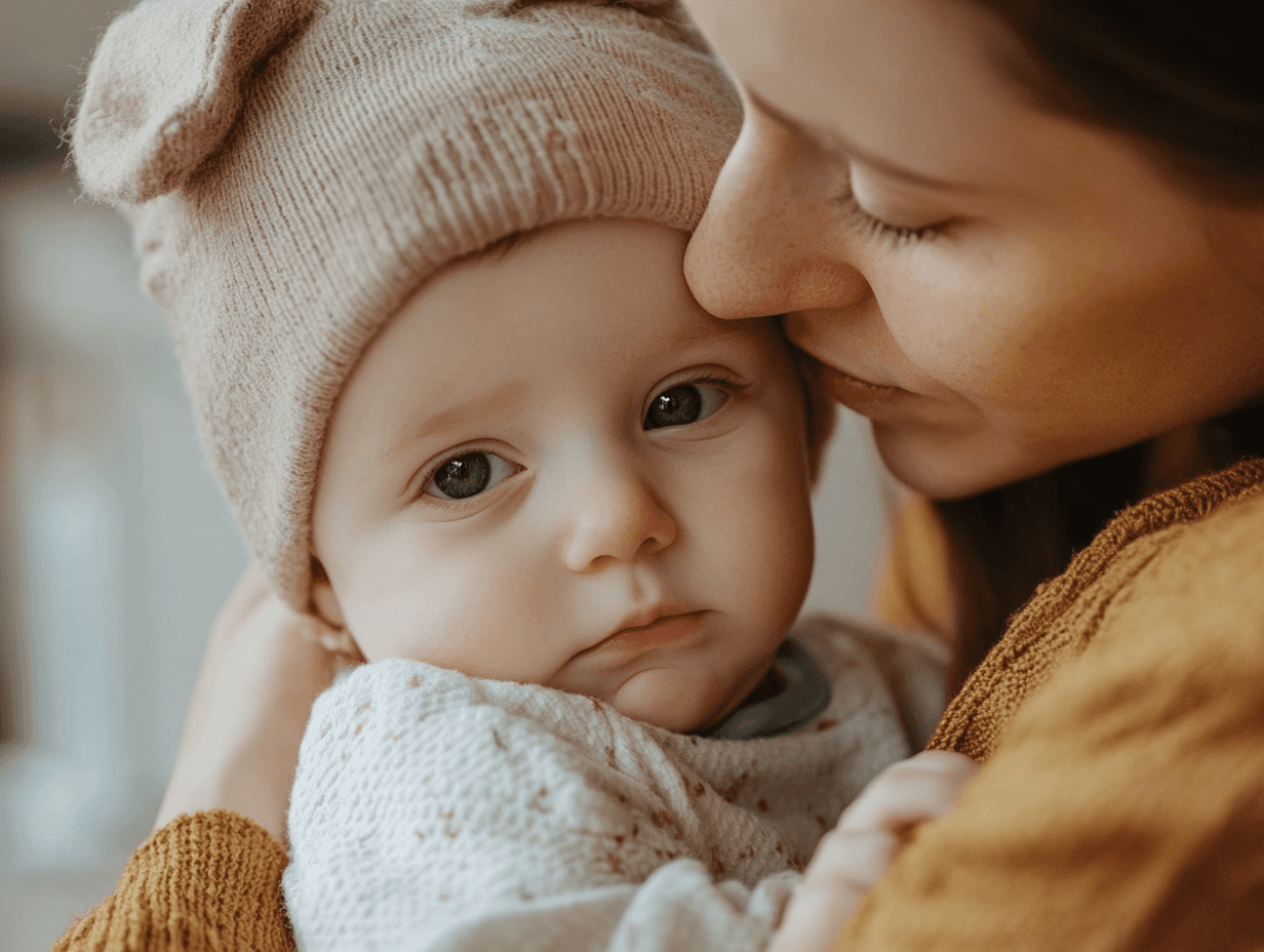 Sick baby being cuddled by mother