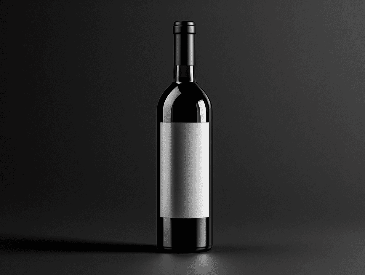 A sleek, dark wine bottle stands upright against a minimalistic black background, illuminated softly.