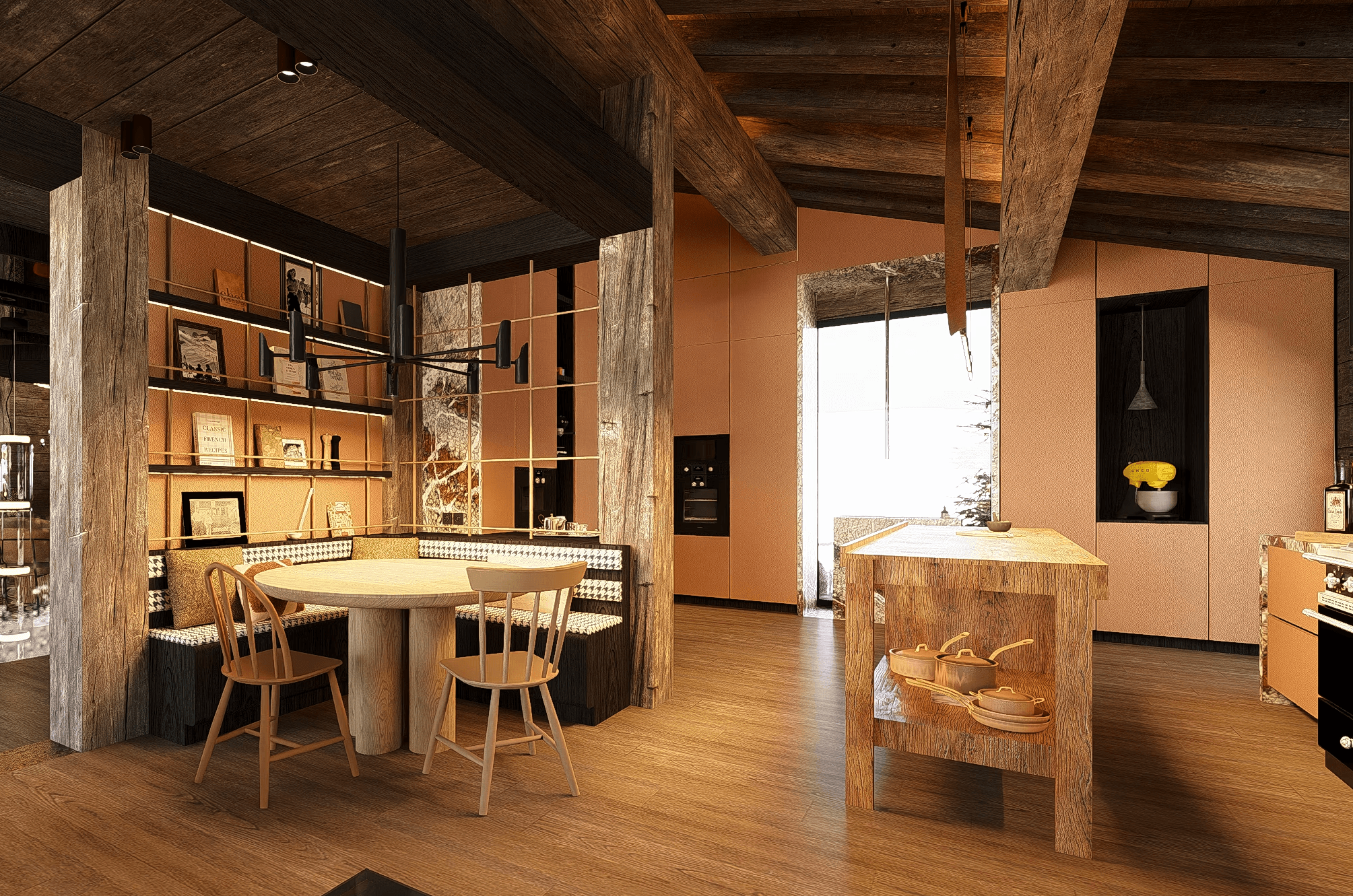 Cuisine sur mesure en bois imaginée par N6 Cuisine, intégrant rangements personnalisés, îlot central et harmonie avec l’architecture intérieure.