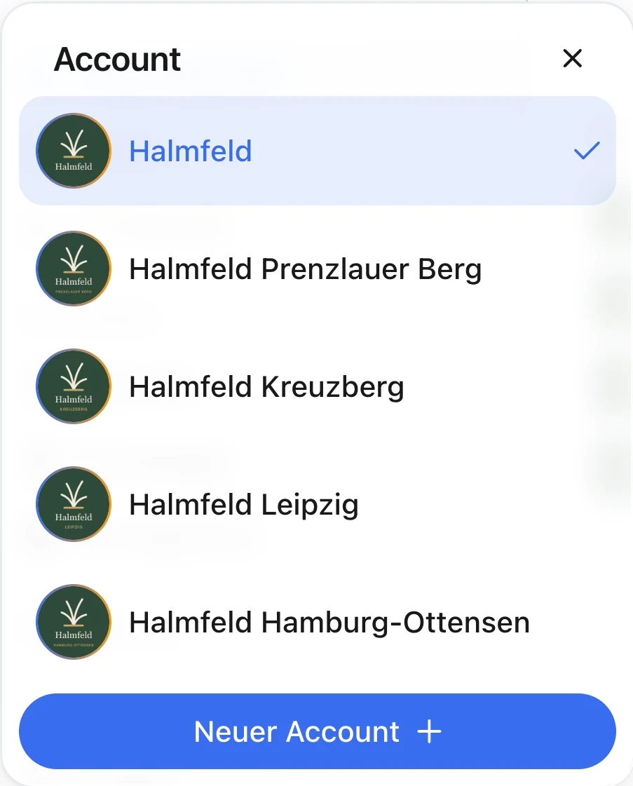 Organisations-Switcher mit Halmfeld und vier Standorten
