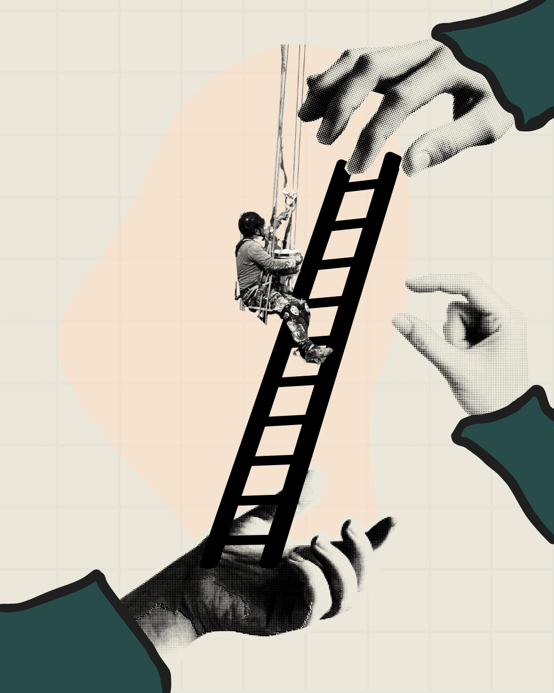 A person with long purple hair holds a camera in front of a colorful pink and red abstract background.