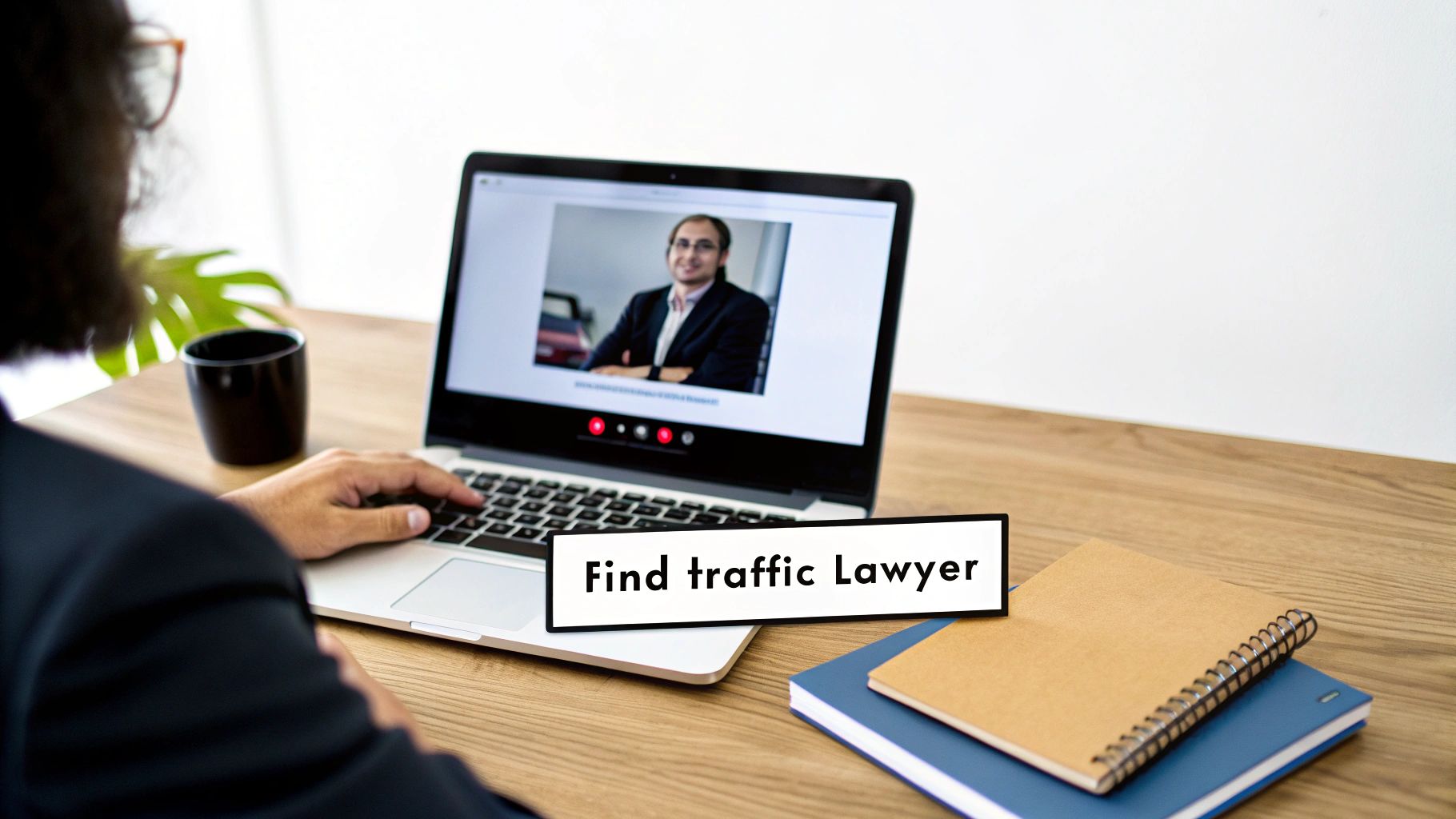 Person on laptop during video call consultation with traffic lawyer about speeding ticket
