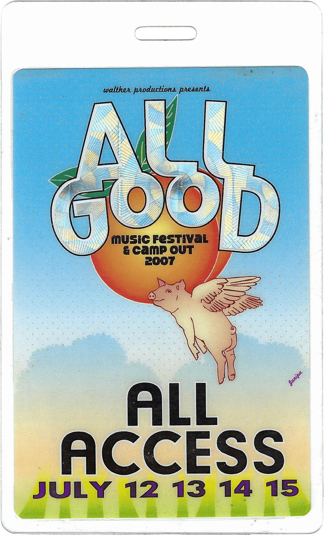 Colorful poster featuring text "All Good" and "All Access" with illustrations of a hand and a fruit.
