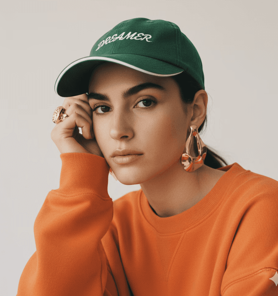 Woman in green cap and orange shirt