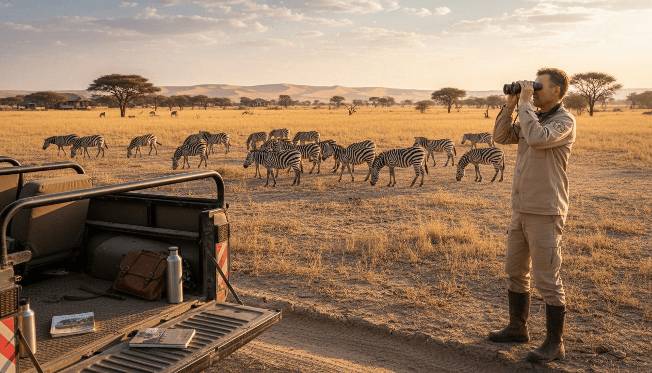 Safari guide scanning savannah for wildlife
