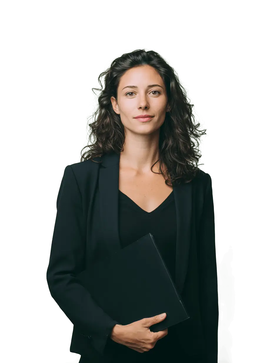 Portrait d'une jeune femme en tailleur noir transportant une chemise de même couleur, représentante d'une direction juridique.