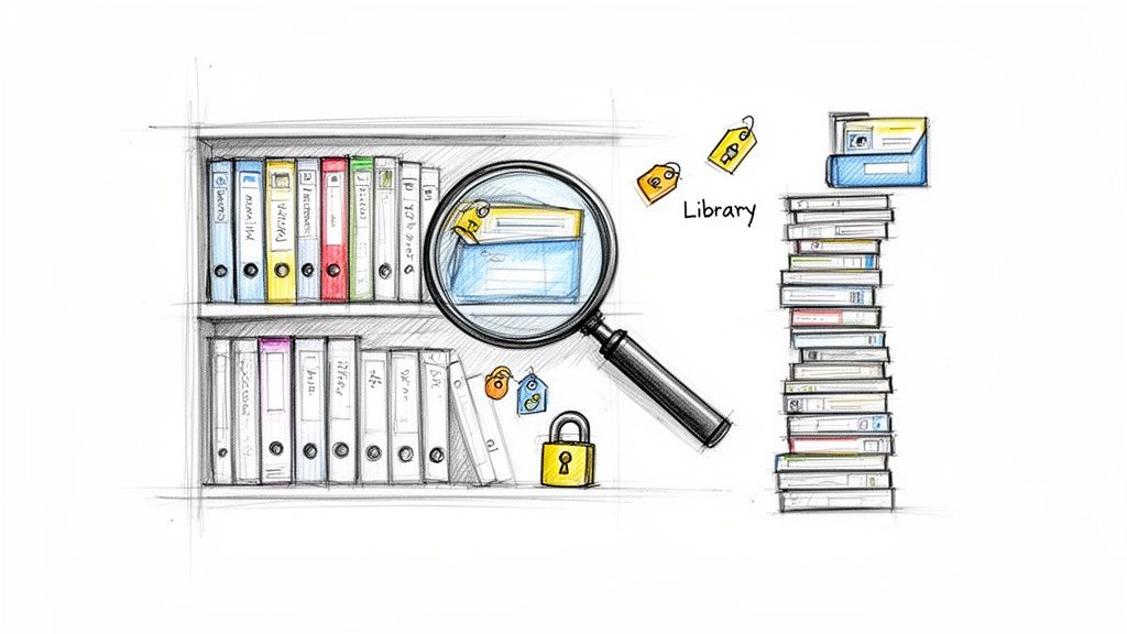A sketch of a bookshelf, files, a magnifying glass, and a stack of books with 'Library'.