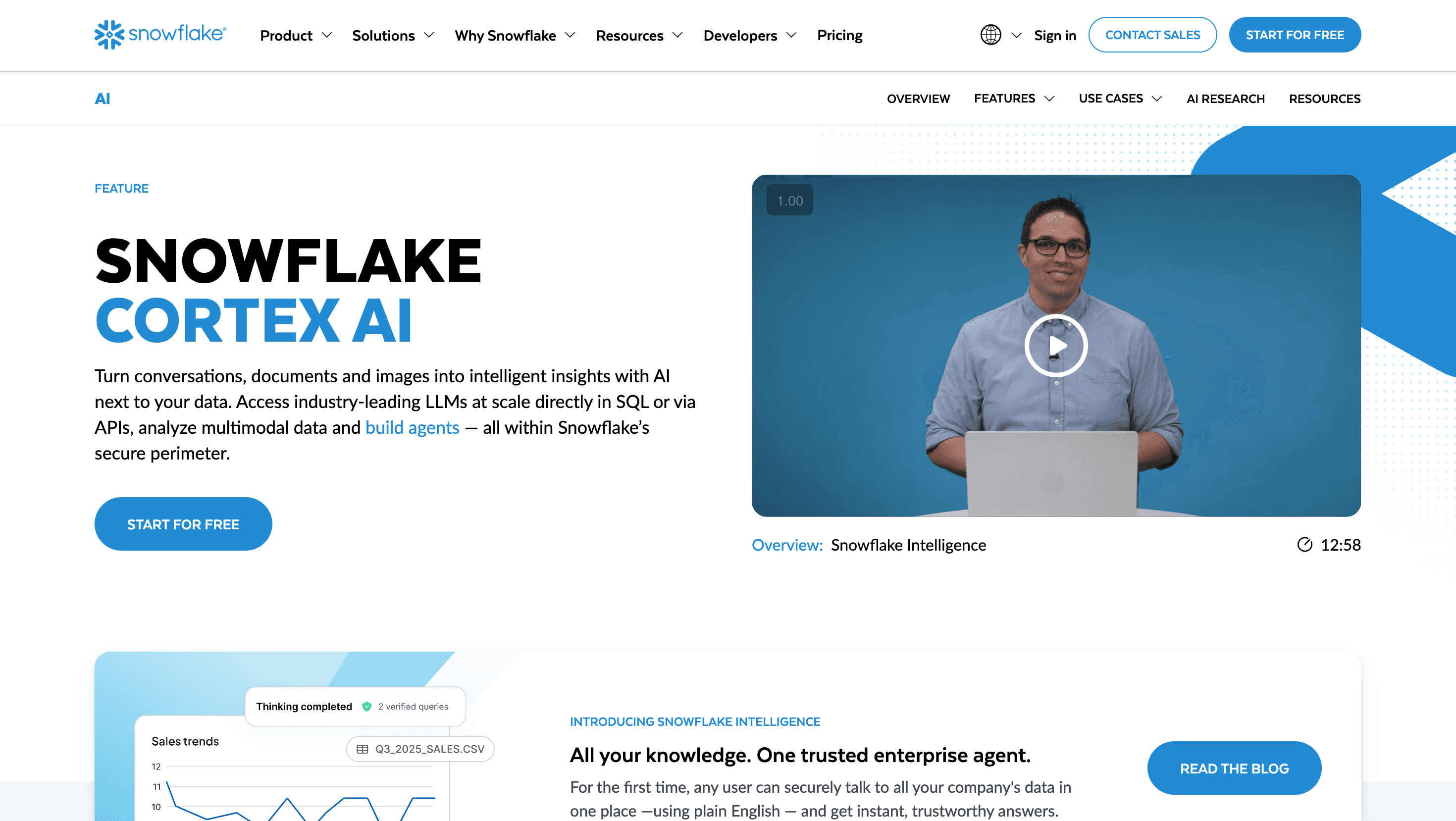 Snowflake Cortex AI platform demonstrating enterprise AI analytics and data intelligence interface.