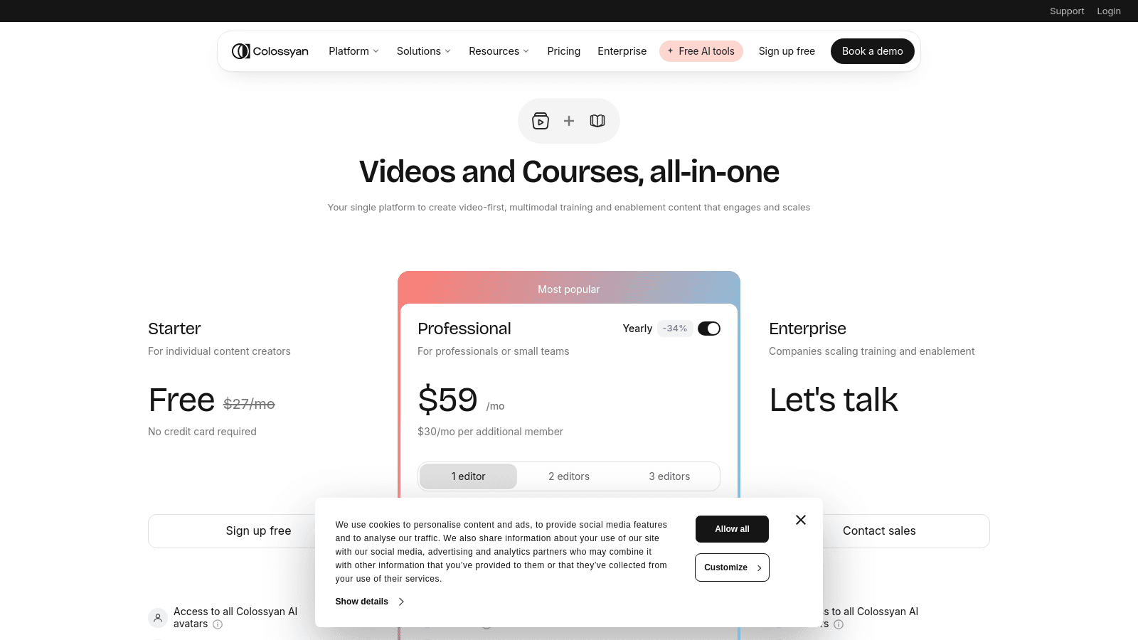 Colossyan pricing page showing Starter, Professional, and Enterprise plans with a cookie consent popup overlay.