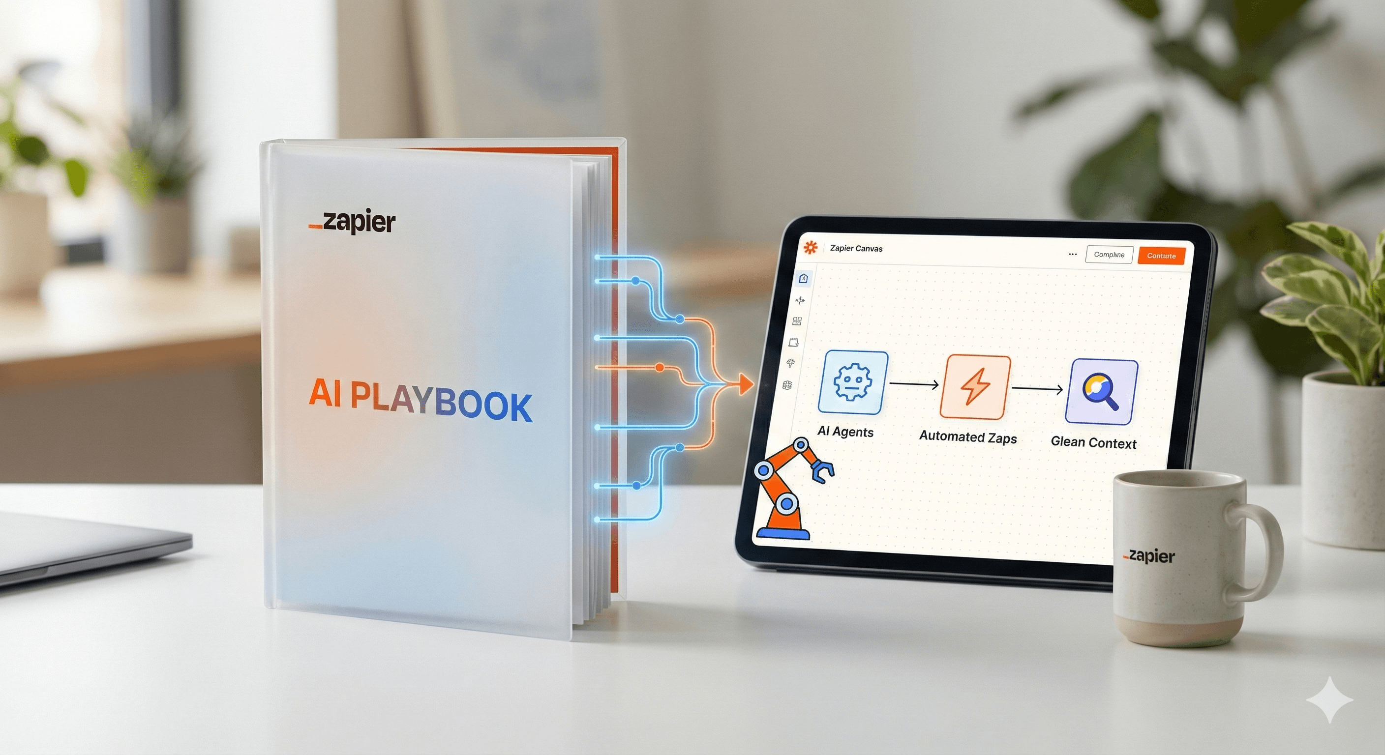 Image of a desk featuring a Zapier AI Playbook, an open tablet displaying automation workflow icons, and a branded mug.