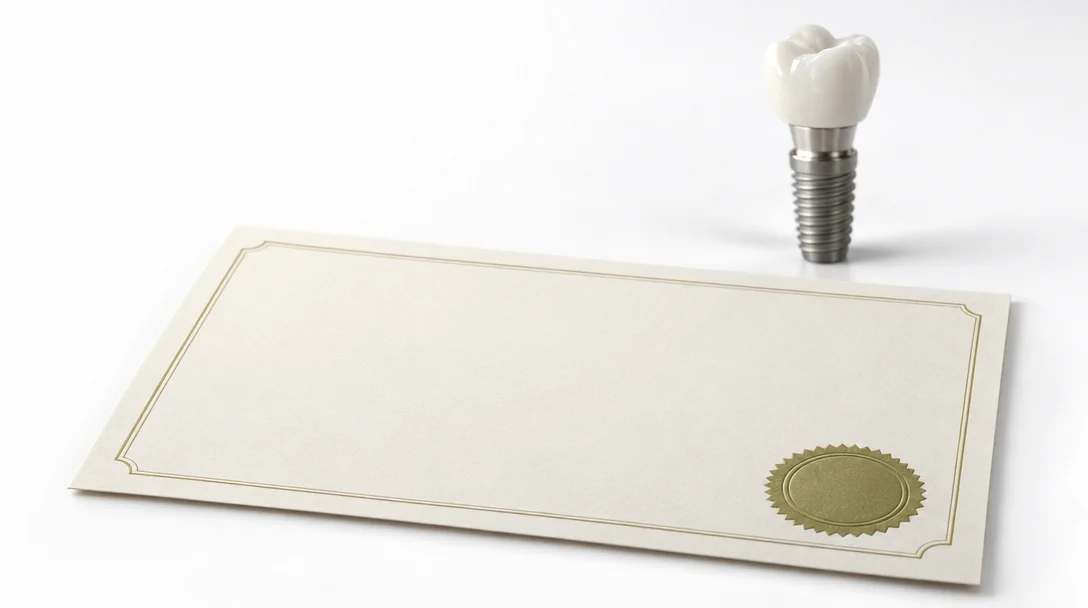 Certificato di garanzia in bianco con sigillo dorato davanti a un impianto dentale