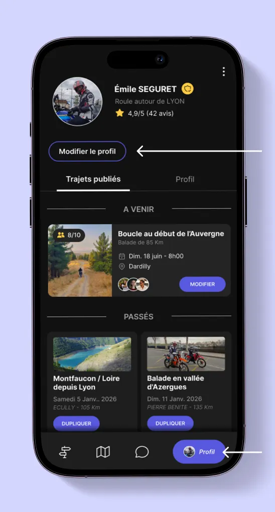 Profil utilisateur On Wheels avec bouton modifier le profil