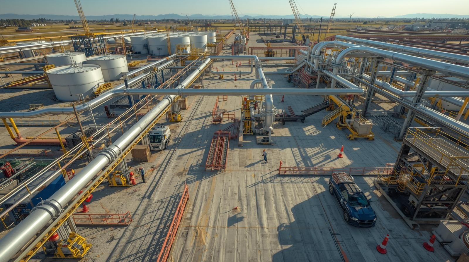 Realistic drone photo of a well-organized Oil & Gas project site captured at midday under clear weather.