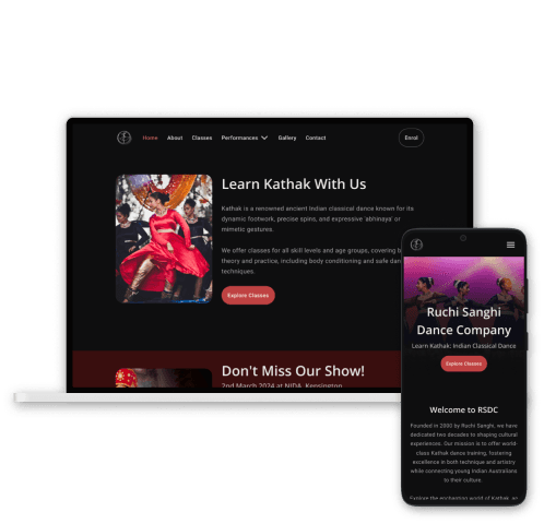 Final design of dance school website's homepage in a laptop and mobile device