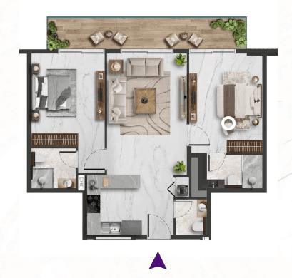 Floor plan for a two-bedroom apartment, Type A, featuring a central living area, two bedrooms, two bathrooms, and a balcony. Total area: 974.46 sq.ft.