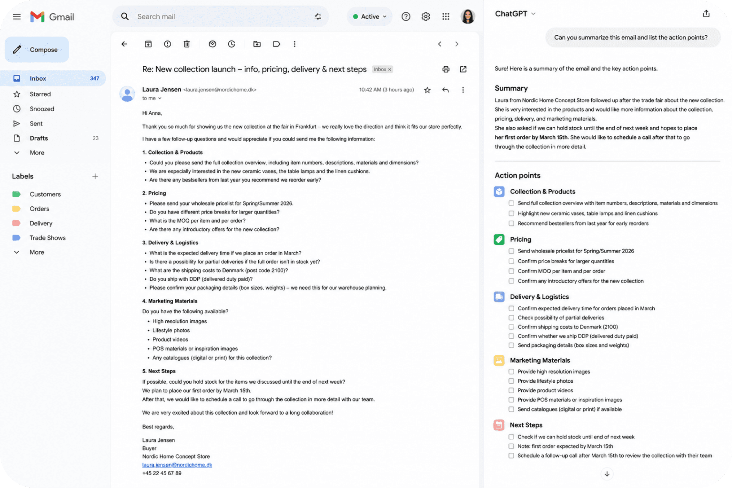 ChatGPT summarizing a long retailer email into key action points to help wholesale teams respond faster