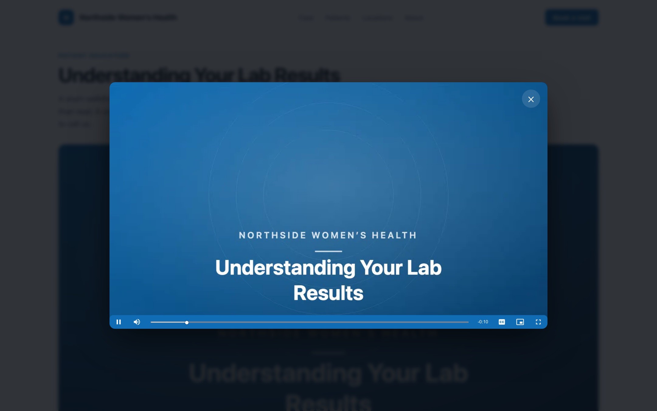A video playing in a lightbox over a dimmed patient education page, with the close control in the corner.