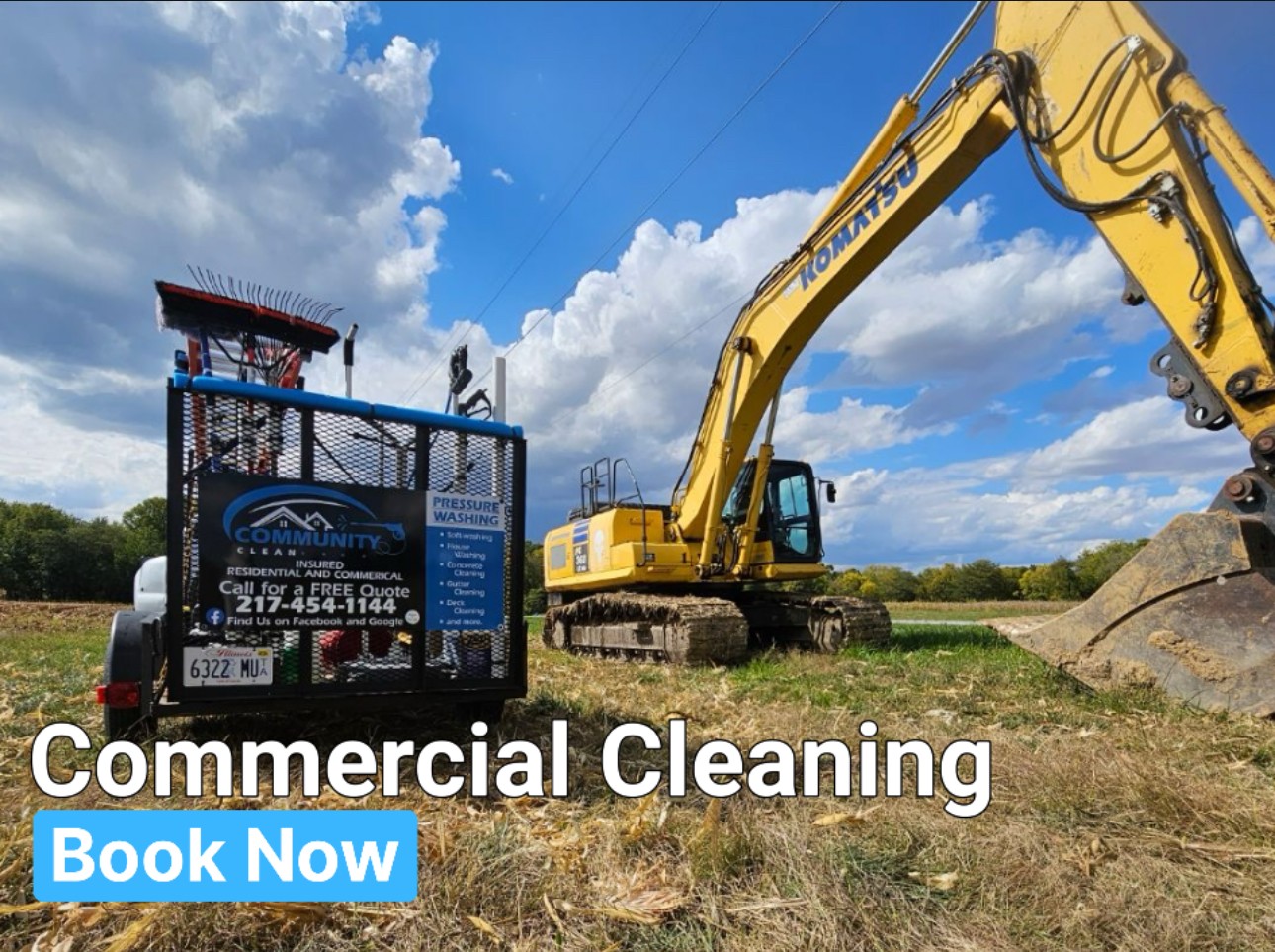 Community Clean pressure washing trailer beside heavy equipment for commercial cleaning
