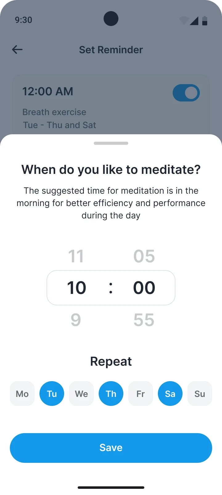 Sheet for choosing a reminder time and the days it repeats