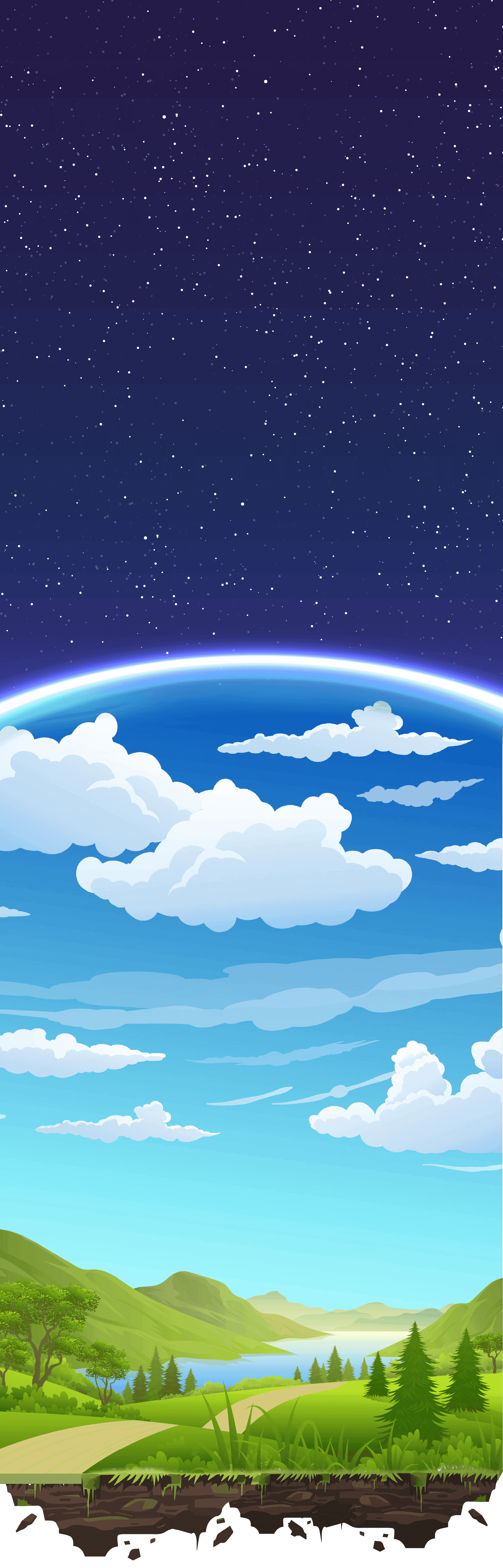 Background that goes from space to cloudy sky to green fields