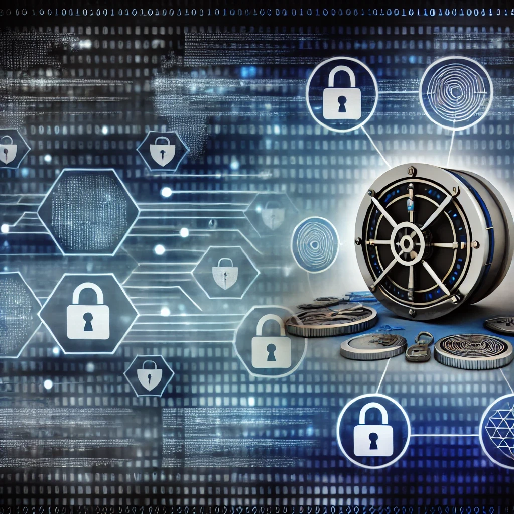 n illustration representing cybersecurity, featuring a digital vault with secure locks and symbols of protected data, such as padlocks and shields. The design highlights the importance of secure data storage and access control in maintaining a robust cybersecurity framework. The interconnected network elements and digital symbols emphasize advanced security measures for safeguarding sensitive information.