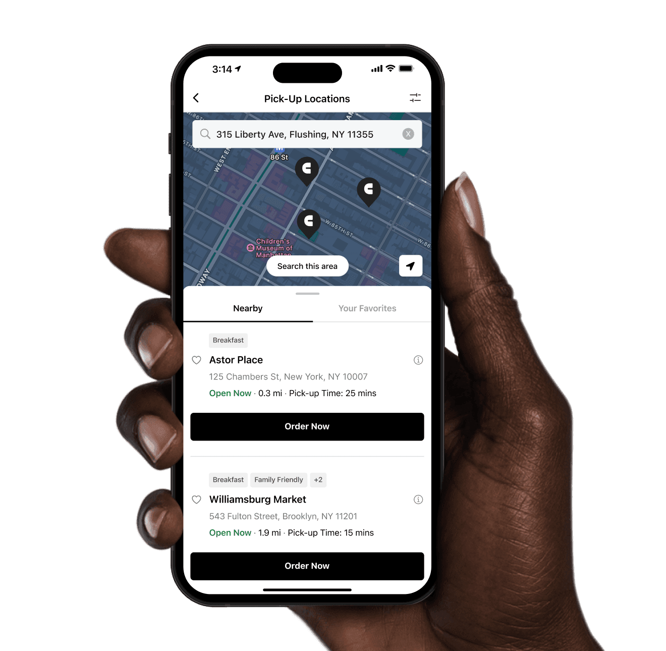 Hand holding iPhone with new locations screen