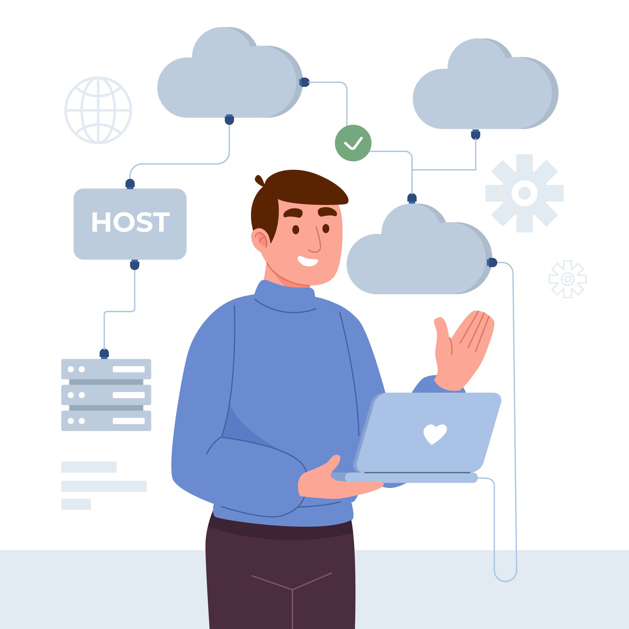 Smiling man holding laptop, surrounded by cloud icons and hosting symbols, illustrating how to become AWS DevOps engineer through cloud expertise.