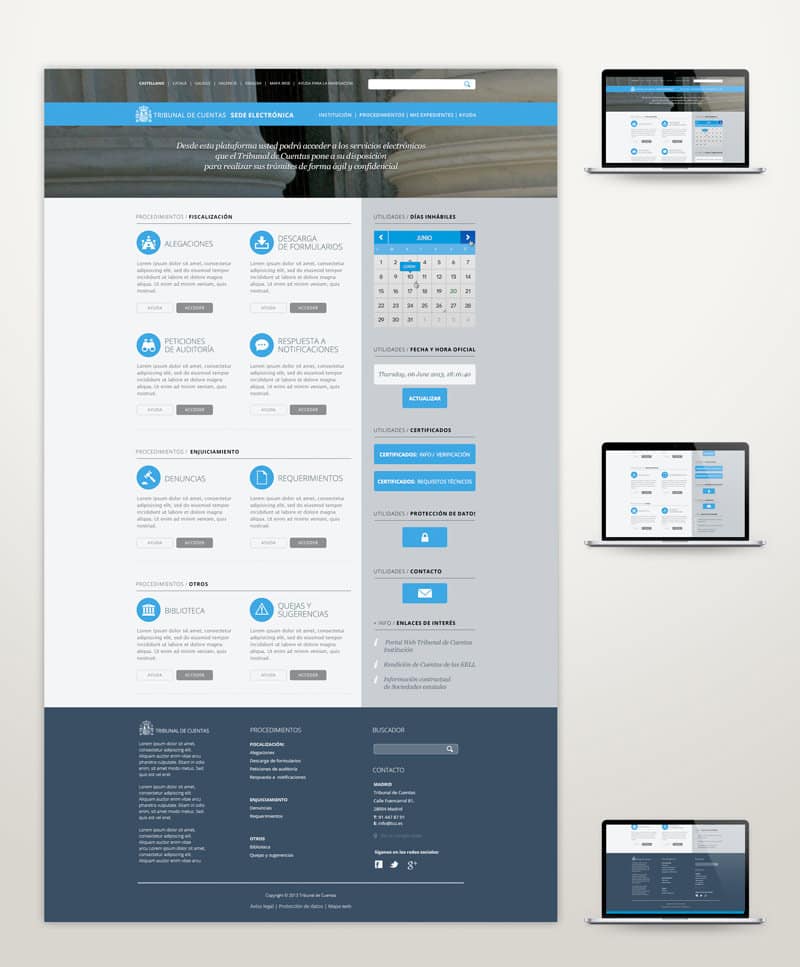 Diseño de interfaz web de sitio electrónico del Tribunal de Cuentas con calendario y servicios electrónicos.