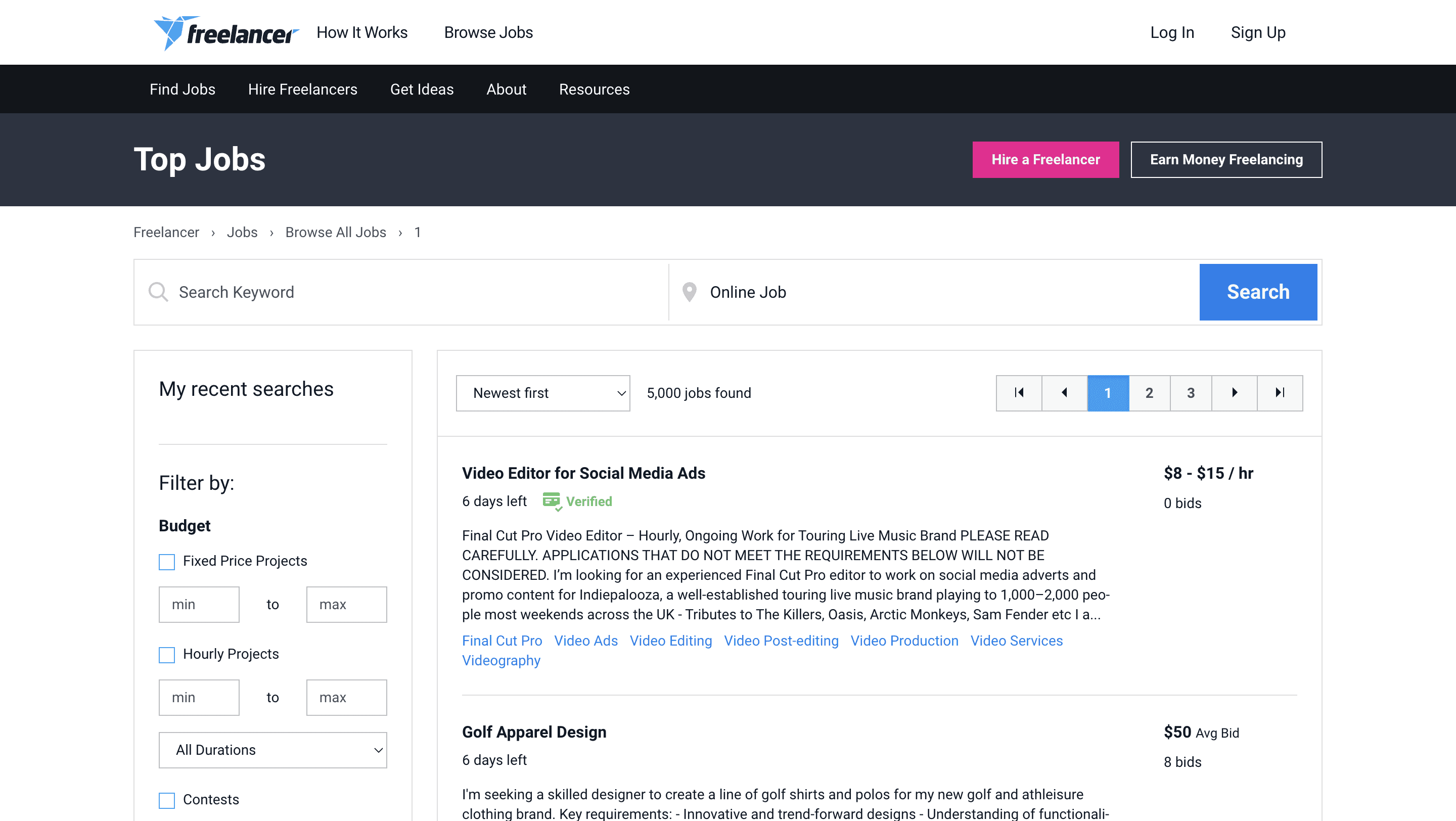 List of top jobs on Freelancer.com website