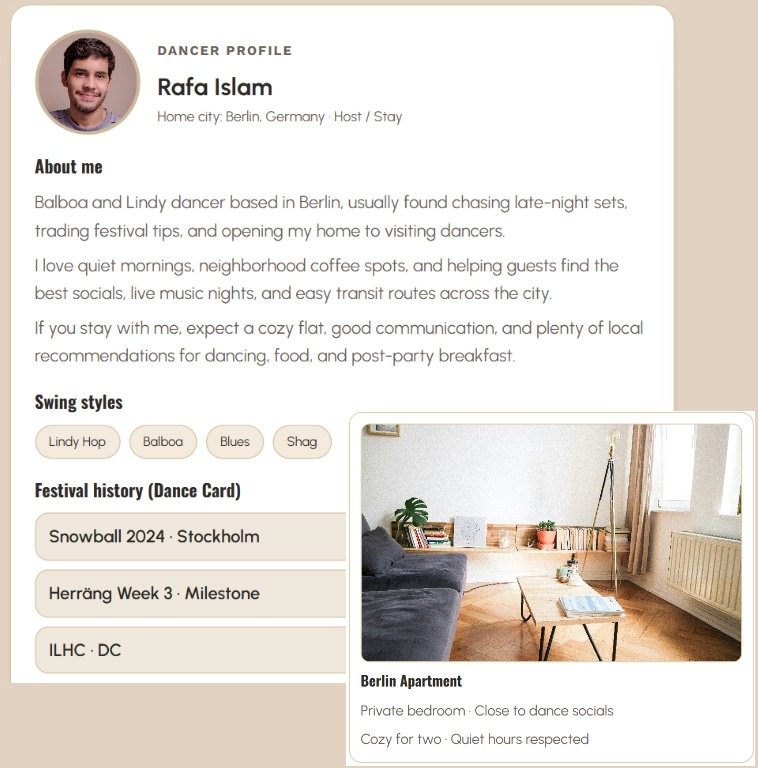 Platform connecting swing dancers for hosting and travel experiences