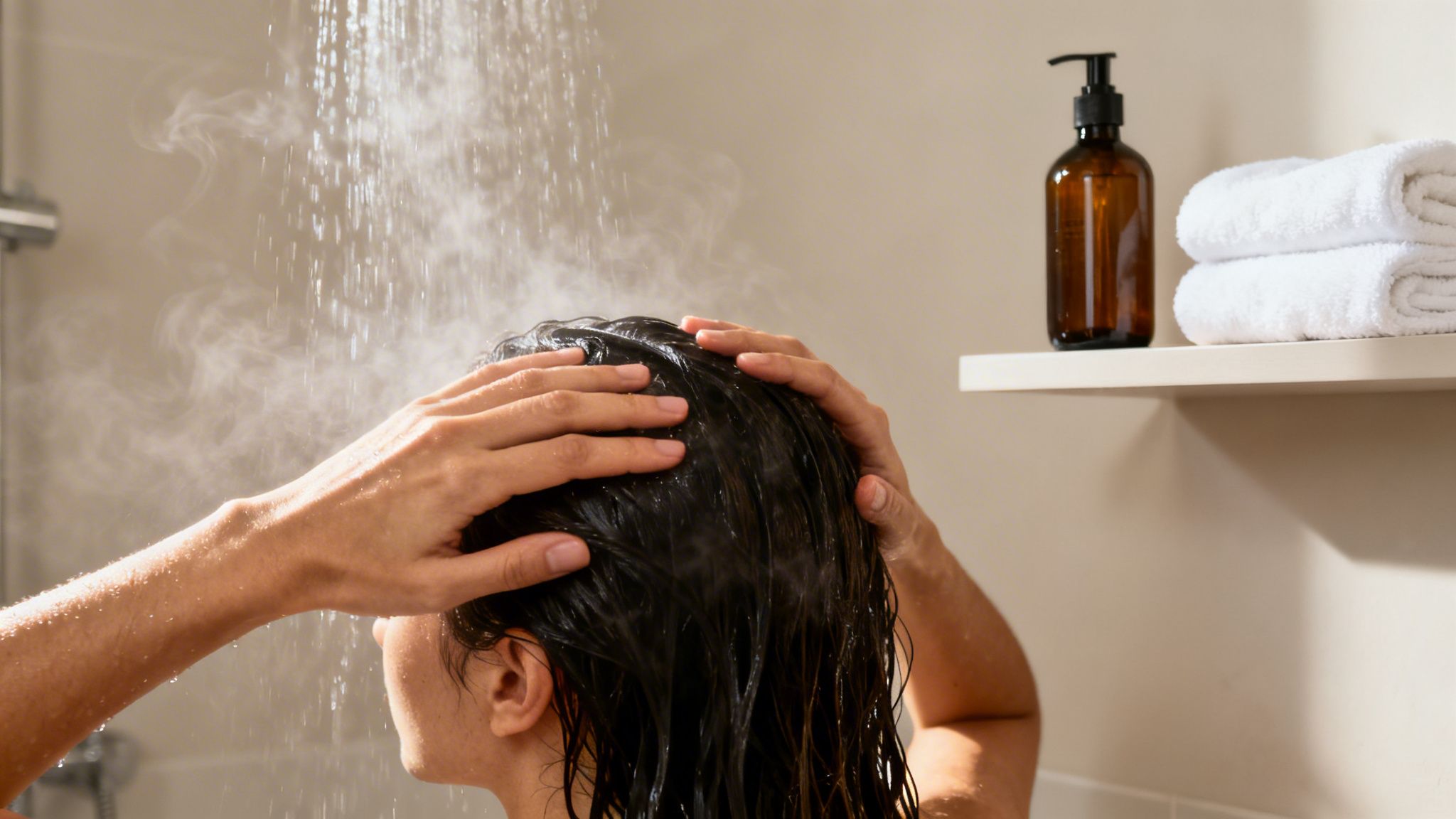 A person washing their dark hair under a steamy shower, with hands on head, next to bath products.