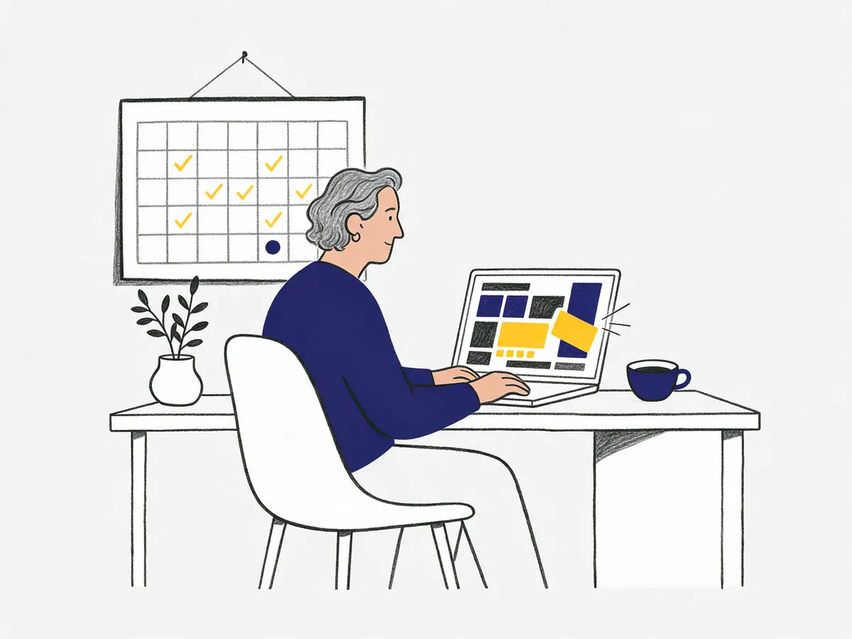Ilustração de uma pessoa trabalhando no computador, com um calendário de tarefas marcadas na parede