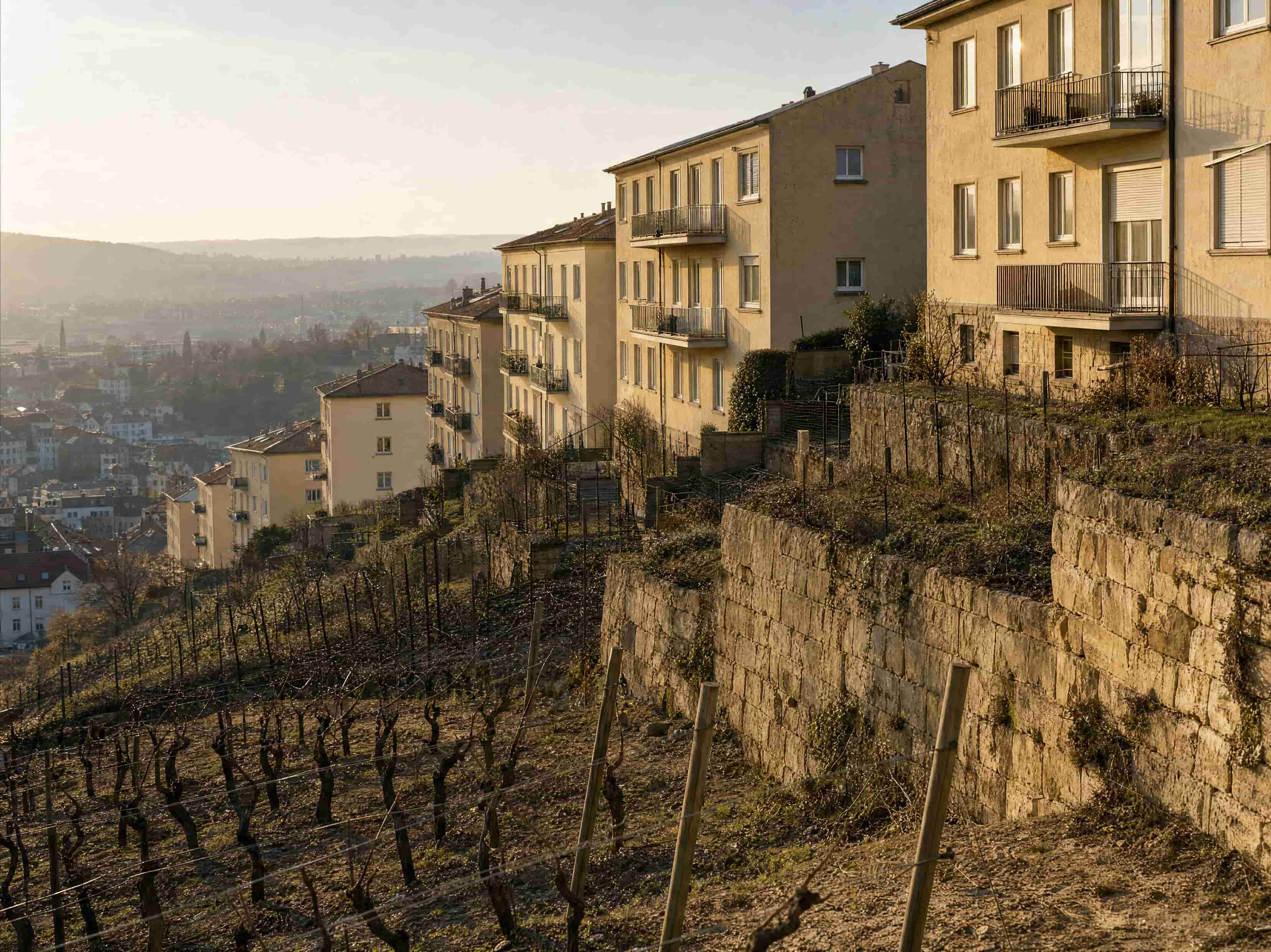 Stuttgarter Halbhöhenlage mit Weinbergen und Wohnhäusern über der Stadt