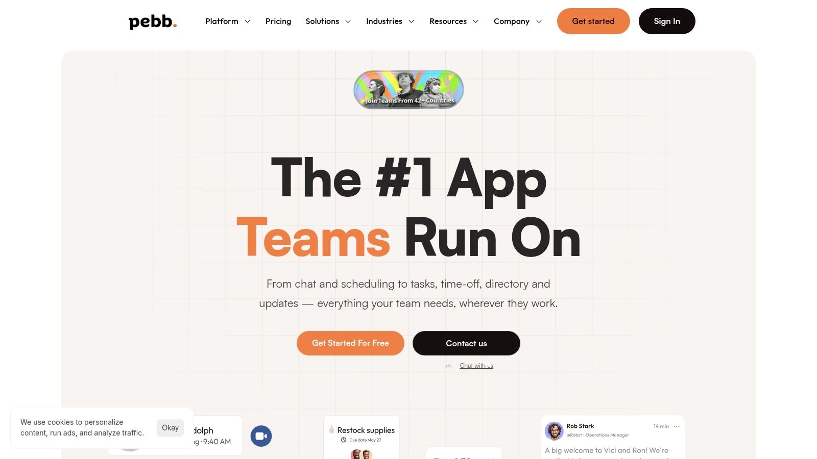 Pebb's interface showing team communication and scheduling features in one unified app.