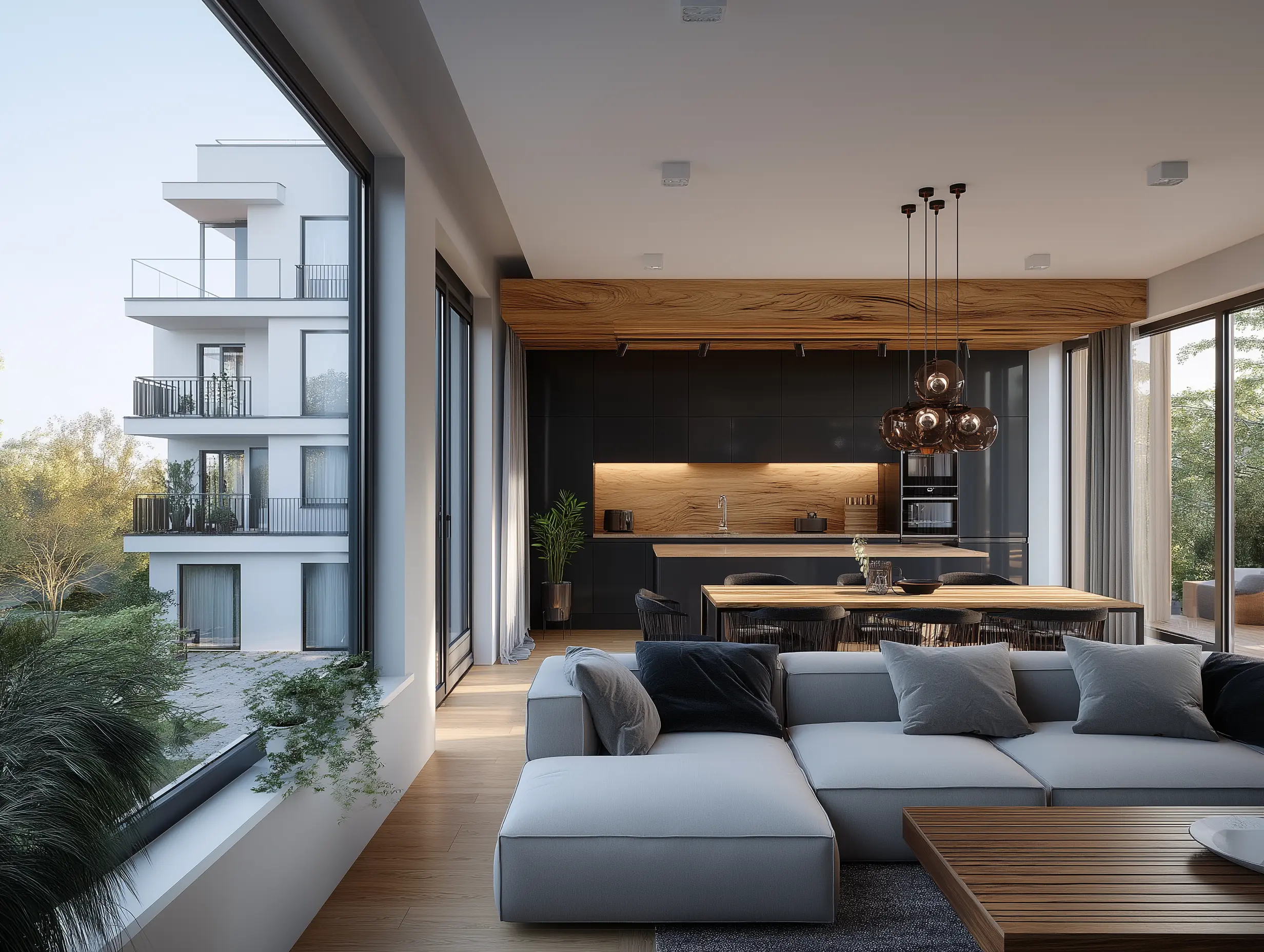 The interior of a modern loft apartment with an open-plan living, dining, and kitchen area. A large floor-to-ceiling window provides a view of an adjacent apartment building with balconies, while a gray sectional sofa and a dark wood kitchen are prominent inside.